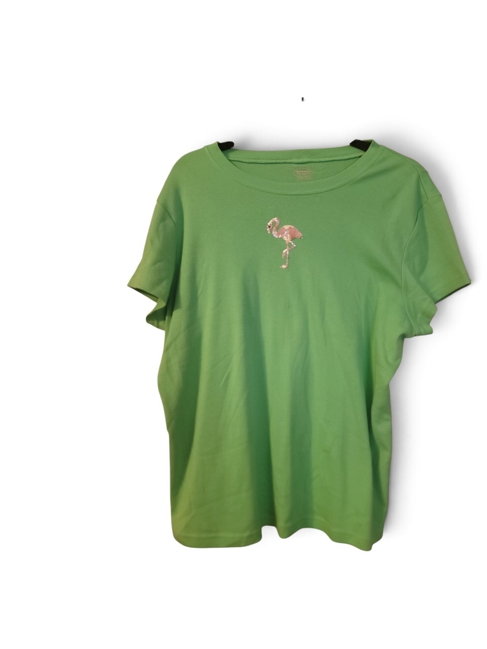 Talbots Green Tee with Pink Flamingo Embroidery